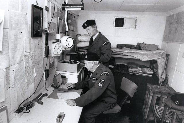 Chief Observer Percy Wilson and Observer Dennis Barber in the Royal Observer Corps bunker at Wickersley, June 28, 1988