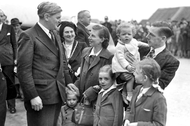Aneurin Bevan says hello to a Sunderland couple who are moving in to a new home a mile from Silksworth pit in 1949.