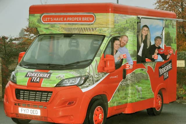 Yorkshire Tea staff in the Little Urn vehicle