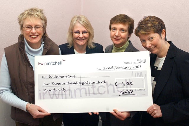 Irwin Mitchell presented a cheque for £5800 to the Samaritans in 2005. Pic shows Avril Hazell left, Director receiving the cheque from Irwim Mitchells staff Bernice Whelpton, Jackie Milla and Sandra Gurney.