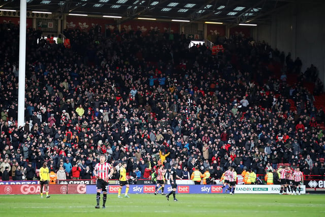Sheffield United fans celebrate a goal during the Sky Bet Championship match at Bramall Lane. Isaac Parkin/PA Wire.