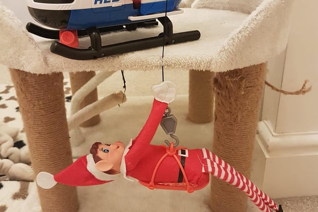 "He arrived at our house in style this year. Son wasn't impressed that he used his Police helicopter and the cat was p***ed because he landed on his scratching perch!" says Ali Beswick.