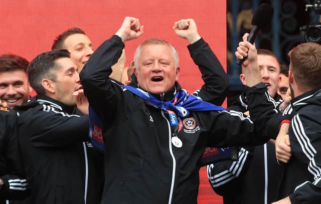 Sheffield United manager Chris Wilder on stage during the promotion parade in Sheffield City Centre. PRESS ASSOCIATION Photo. Picture date: Tuesday May 7, 2019. See PA story SOCCER Sheff Utd. Photo credit should read: Danny Lawson/PA Wire.