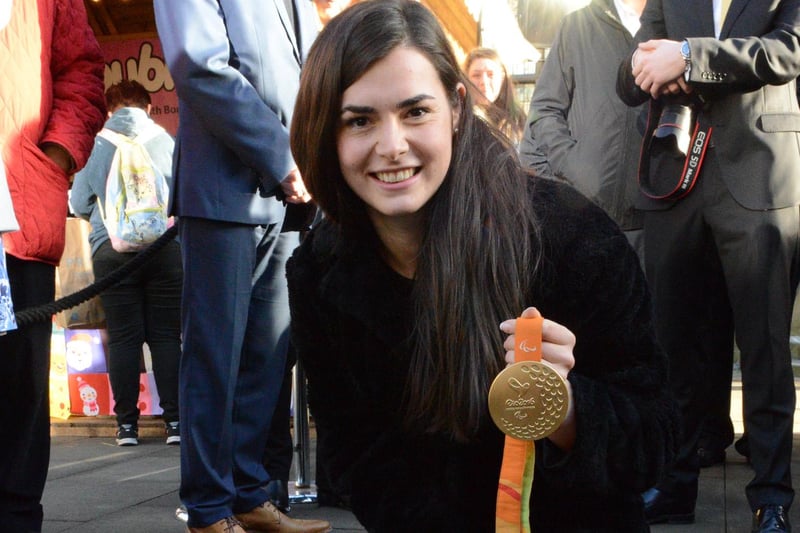 Paralympic rower Grace Clough with her gold medal, which she won at Rio de Janeiro in 2016, at her Sheffield Legends ceremony in the same year