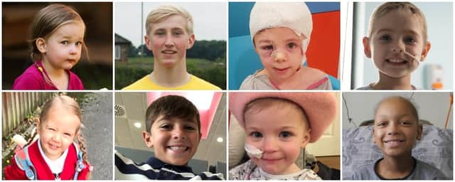 Sheffield Children's Hospital patients. From top left: Ellena Kik was four-months old when she began choking on holiday and was rushed by air ambulance for life-saving care; Andrew Davies was diagnosed with leukaemia in 2012 and has since gone on to repay the £150,000 cost of his life-saving bone marrow transplant; Sophie Evans-was saved by the Emergency Department after a dog attack which left her skull exposed; Myla-Mae Hatcher was four-years-old when she was diagnosed with Aplastic Anemia.
Bottom left: Lucy Needham was diagnosed with a rare, malignant brain tumour that required emergency brain surgery and several life-saving rounds of chemotherapy; Finley Wake was diagnosed with leukaemia last year; Alice Latham was diagnosed with a rare form of neuroblastoma last year and Eldene Gordon-Buchanan was diagnosed with cancer in 2018.