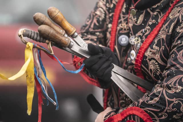 Sword are held by a member of the Grenoside Sword Dancers ahead of their performance in Grenoside. A Longsword dance has been performed after Christmas in the village of Grenoside since the early 1800's.