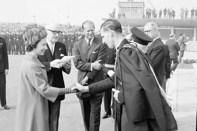 Lord Provost Weatherstone greets the Queen and the Duke of Edinburgh at the opening of the Forth Road Bridge on September 4, 1964.