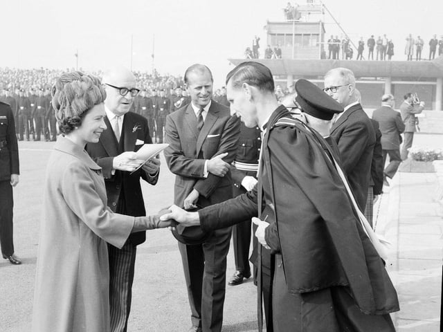 Lord Provost Weatherstone greets the Queen and the Duke of Edinburgh at the opening of the Forth Road Bridge on September 4, 1964.