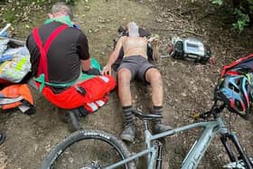 Professional mountain biker Davi Birks was airlifted to hospital by Yorkshire Air Ambulance after breaking eight ribs when he crashed into a tree in Sheffield woodland. Picture: Yorkshire Air Ambulance