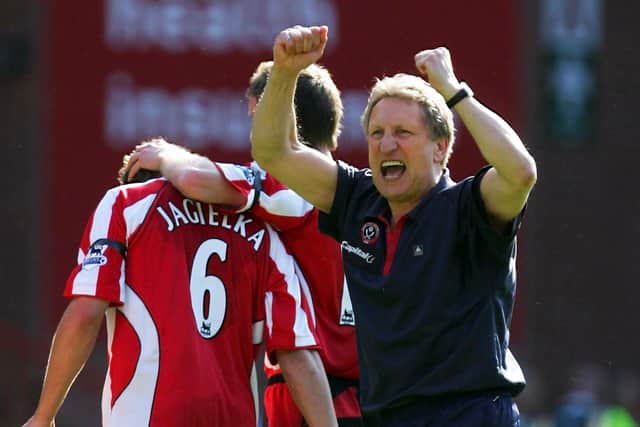 Warnock celebrates victory over Watford in Sheffield United's sole Premier League season under him (photo by Laurence Griffiths/Getty Images).