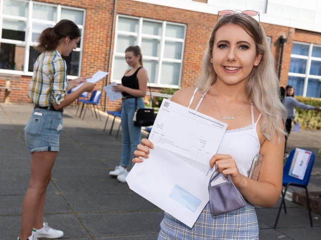 Hannah Flower has the grades she needs to study Event Management at Bournemouth University after collecting her results at Havant and South Downs College. Picture: Duncan Shepherd
