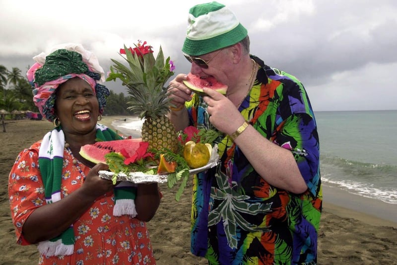 Frank Dougan meets fruit seller Ceiva McNeill on Turtle Beach in Tobago