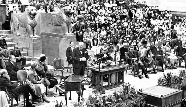 Sir Winston Churchill at Sheffield City Hall, receiving the freedom of the city, on April 16, 1951. Notice the lions on stage that were famously hated by Halle Orchestra conductor Sir John Barbirolli