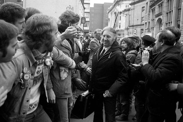 Arthur Scargill, president of the National Union of Mineworkers,  arrives to a welcome at the NUM Executive meeting at the Sheffield City Hall during the miners strike, November 5, 1984