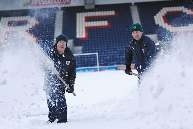 Ground staff clearing the snow at Stark's Park, Kirkcaldy (Pic: Neil Doig/Fife Free Press)