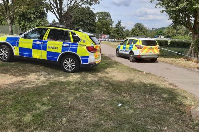 This was the scene in Hillsborough Park today as police continued investigations into the suspected attempted murder of a girl, aged 13.