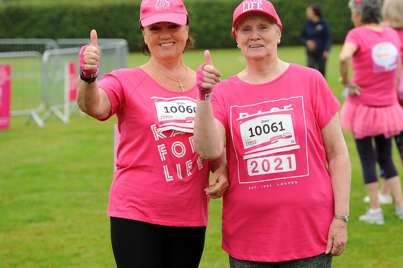 Some of the participants who took part in the Race for Life in Kirkcaldy on Sunday - Dixie Forbes and Jean Culross Pic:  Fife Photo Agency