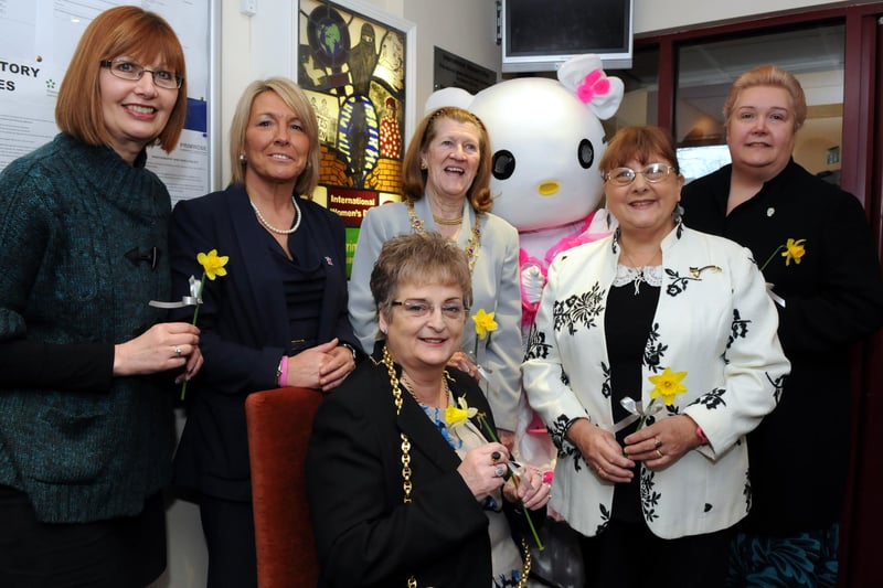 The Mayor Coun Eileen Leask, seated, and Mayoress Coun Olive Punchion, join councillors Joyce Welsh, Fay Cunningham and Pat Hay, and Sue Topping, second left, at Primrose Community Centre to celebrate International Womens Day in 2013.