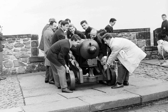 Lausanne football players sightseeing at Edinburgh Castle before their game in October 1963.