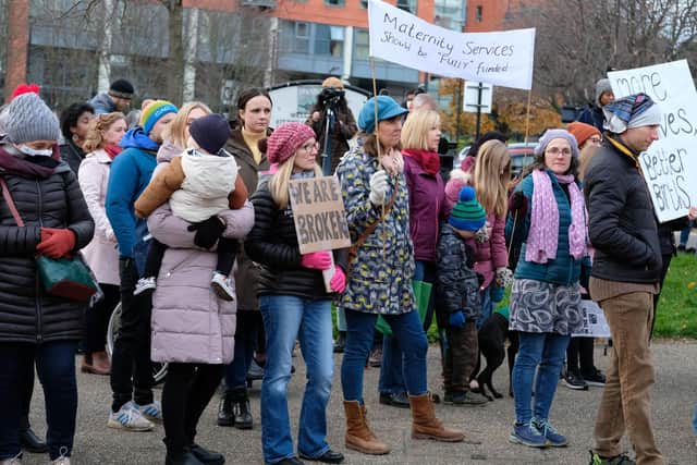 Crowds gather at Devonshire Green in Sheffield city centre to protest about midwife staffing shortages, as part of the UK Vigil for Maternity Crisis