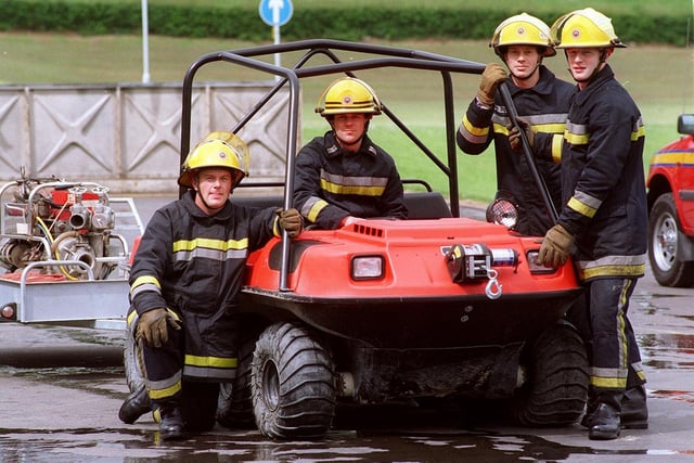 Pictured with the new off-road fire fighting vehicle at the Fire Training School, Handsworth, left to right: fire fighter Shaun Key, sub-officer David Broughton, fire fighters David Gardner and Phil Jones. May 22, 1997
