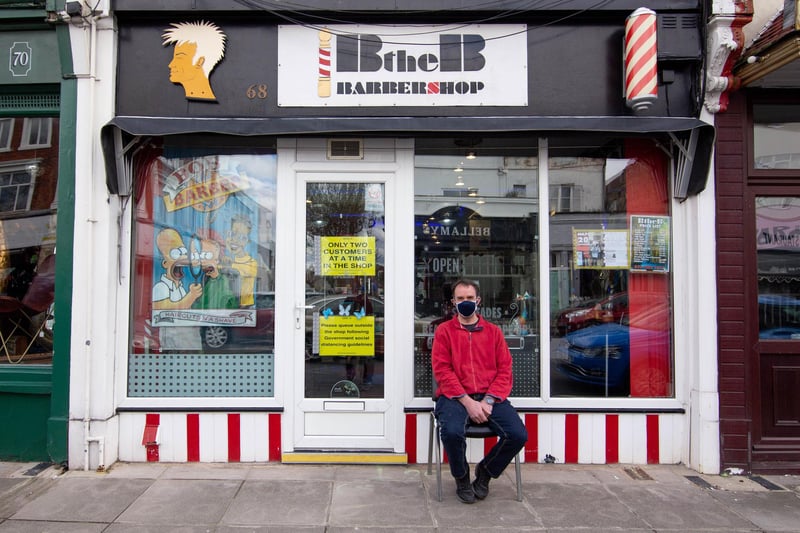 Mike Yoeman waiting to get his haircut outside Bob the Barbershop, Albert Road, Portsmouth on 12 April 2021. Picture: Habibur Rahman