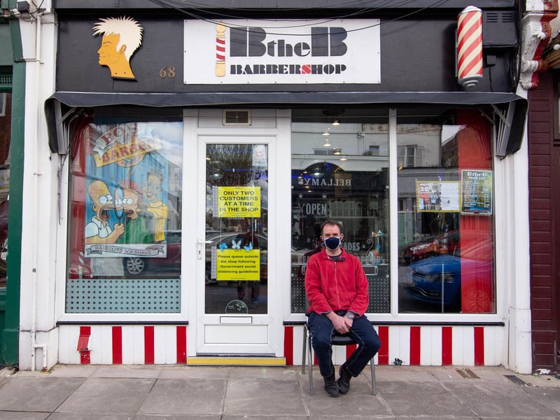 Mike Yoeman waiting to get his haircut outside Bob the Barbershop, Albert Road, Portsmouth on 12 April 2021. Picture: Habibur Rahman