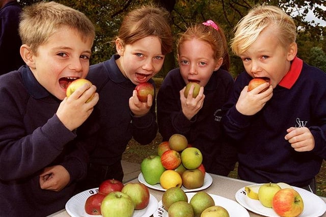 It's Apple Day at Ecclesfield Primary School and seen tucking into a variety of apples are Matthew Monfrede, Katy Herne, Jessica Johnson and Daniel Tuxford, October 21, 1997