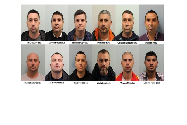 Twelve men who formed a sophisticated criminal network and travelled to the United Kingdom in order to commit high value and well planned burglaries have been sentenced. They are: Vasille Ionel Pragina (3 years, 8 months), Marian Mamaliga (4 years), Liviu Leahu (3 years, 8 months), Daniel David (3 years, 7 months), Paul Popeanu (3 years, 3 months), Gavril Popinciuc (5 years, 8 months), Cristian Ungureanu (5 years, 1 month), Narcis Popescu (4 years, 2 months), Traian-Daneil Mihulca (4 years), Marian Albu (4 years), Victor Opariuc (3 years, 7 months), Ilie Ungureanu (3 years, 8 months).