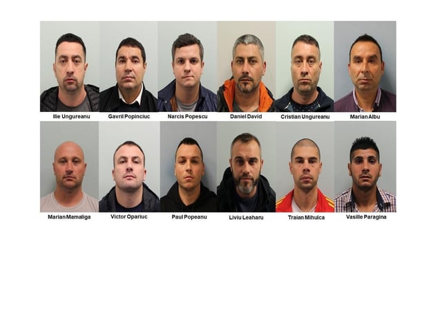 Twelve men who formed a sophisticated criminal network and travelled to the United Kingdom in order to commit high value and well planned burglaries have been sentenced. They are: Vasille Ionel Pragina (3 years, 8 months), Marian Mamaliga (4 years), Liviu Leahu (3 years, 8 months), Daniel David (3 years, 7 months), Paul Popeanu (3 years, 3 months), Gavril Popinciuc (5 years, 8 months), Cristian Ungureanu (5 years, 1 month), Narcis Popescu (4 years, 2 months), Traian-Daneil Mihulca (4 years), Marian Albu (4 years), Victor Opariuc (3 years, 7 months), Ilie Ungureanu (3 years, 8 months).