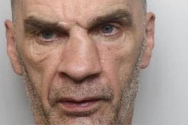 Sheffield thug James Martin, pictured, held a knife to his partner’s collarbone after finding messages from men on her phone, according to Sheffield Crown Court. Prosecuting barrister Laura Marshall told the court that at the time of the incident Martin was on licence from prison following convictions for previous domestic incidents, and he arrived at the complainant’s house in an ‘intoxicated state’. Martin, aged 51, pictured, of Woodhouse Gardens, Woodhouse, who has 65 previous offences, pleaded guilty to assault occasioning actual bodily harm. Judge David Dixon described Martin as someone with a ‘history of abuse towards women,’ and he sentenced him for 27 months of custody.
