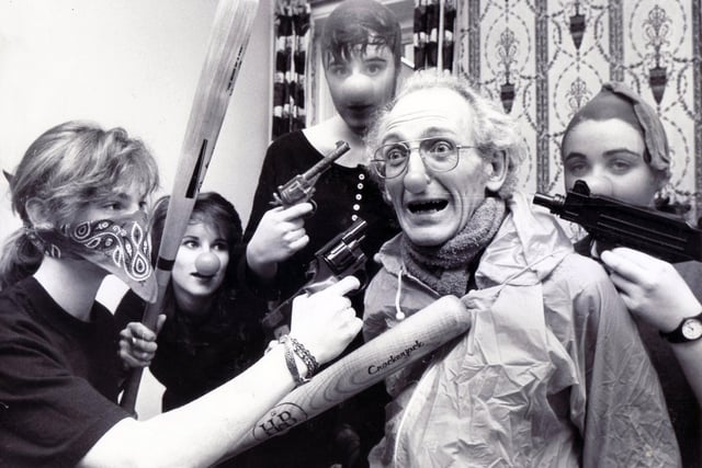 Pupils kidnap headmaster Frank Abel and shoot him with water pistols at King Ecgbert School, Sheffield, for Comic Relief 1989