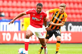Chuks Aneke of Charlton Athletic battles for possession with Regan Slater of Hull City  during the Sky Bet League One match between Charlton Athletic and Hull City at The Valley last season: Jacques Feeney/Getty Images