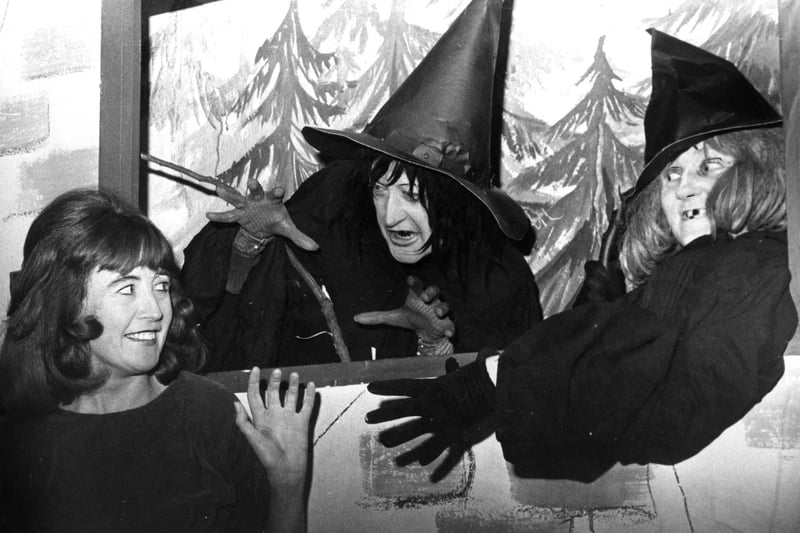 The Unwicked Witch (Wynn Waton) was pictured with Wobbie (Anne King) and Hobbie (Pat Moore) in a scene from Unwicked Witch. It was the Cleadon Village Drama Group's 1977 production in the Little Theatre.