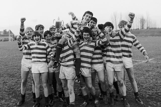 Gala Academy celebrate after winning a schools rugby event in March 1985.