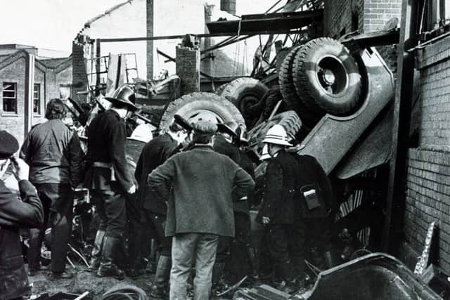 A mobile crane which was shattered by the explosion at Effingham Street Gas Works, Sheffield in 1973.  Firefighters were still trying to free the body of the crane operator who was one of six men killed in the blast