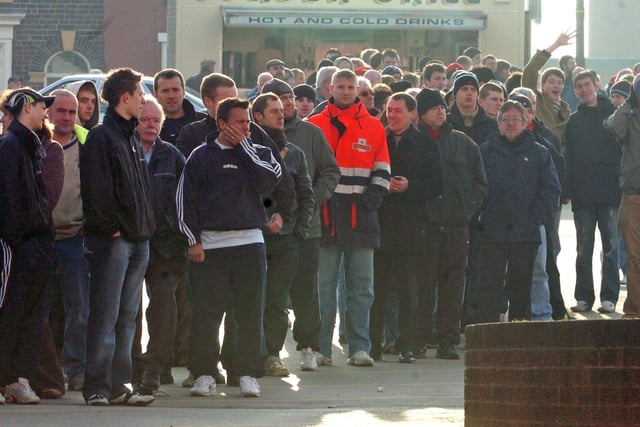 Fans queue for tickets outside Bramall Lane for the derby game with Sheffield Wednesday in January 2006