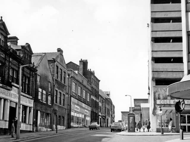 Cambridge Street, Sheffield, in July 1968, including Cole Brothers department store, right, and the Barleycorn pub.