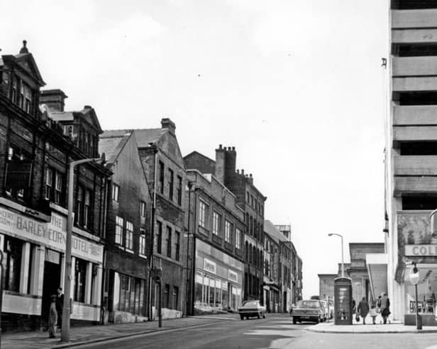 Cambridge Street, Sheffield, in July 1968, including Cole Brothers department store, right, and the Barleycorn pub.