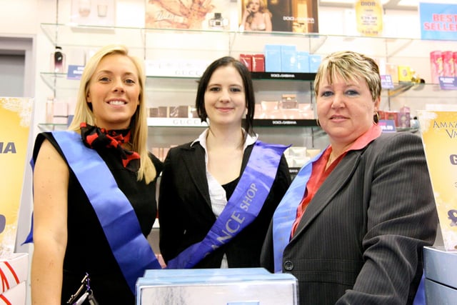 L-R-Olivia Pearson, Alys Talkowski and Chris Corbett. Staff at the opening of The Fragrance Shop in the Frenchgate Centre in 2009
