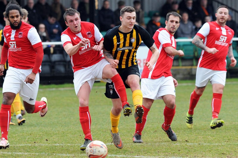 Charlie Baird is stopped in his tracks in the first half against Thackley in March 2018.