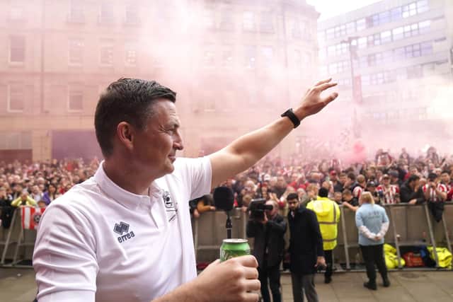 Sheffield United manager Paul Heckingbottom during celebrations at Sheffield Town Hall: Danny Lawson/PA Wire.