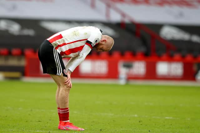 Oli McBurnie of Sheffield Utd reacts at the final whistle during the Premier League match at Bramall Lane, Sheffield. Picture date: 6th March 2021. Picture credit should read: Simon Bellis/Sportimage