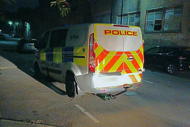 A South Yorkshire Police van had its tyres slashed in Sheffield last night while officers were out on duty