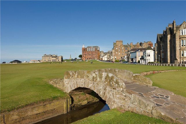 Swilcan Bridge on the Old Course, with Hamilton Grand in background.