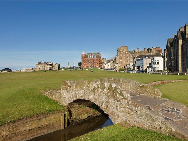 Swilcan Bridge on the Old Course, with Hamilton Grand in background.