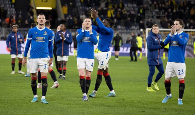 Rangers players celebrate last week's famous win over Borussia Dortmund at the Signal Iduna Park. (Photo by Alan Harvey / SNS Group)