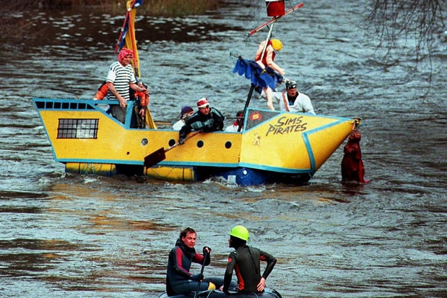 Some of the hardy competitors in the annual Boxing day charity raft race from Matlock to Cromford Meadows on the River Derwent in 1997