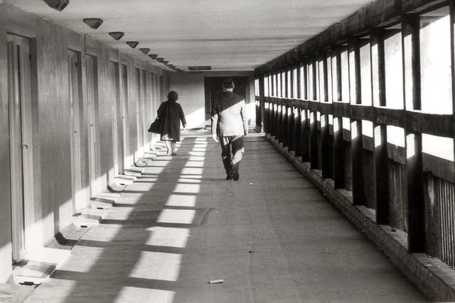 One of the walkways linking the flats at Park Hill, Sheffield, in 1986