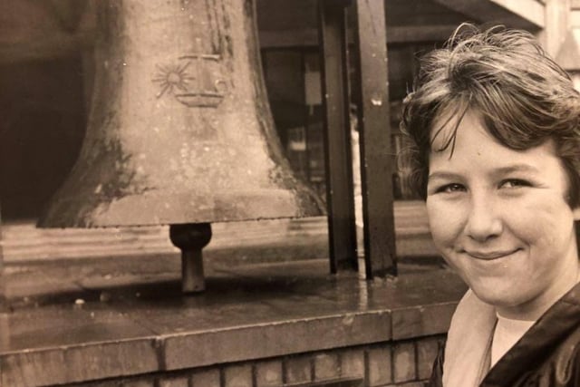 A bell was presented to the Peace Gardens by the people of Bochum in February 1988. Pictured id Suzanne Revill with the bell